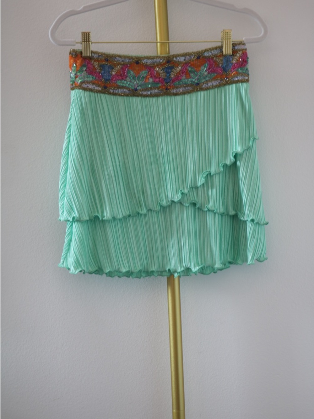 LoveShackFancy Pleated Tiered Mint Mini Skirt with Embellished Waistband